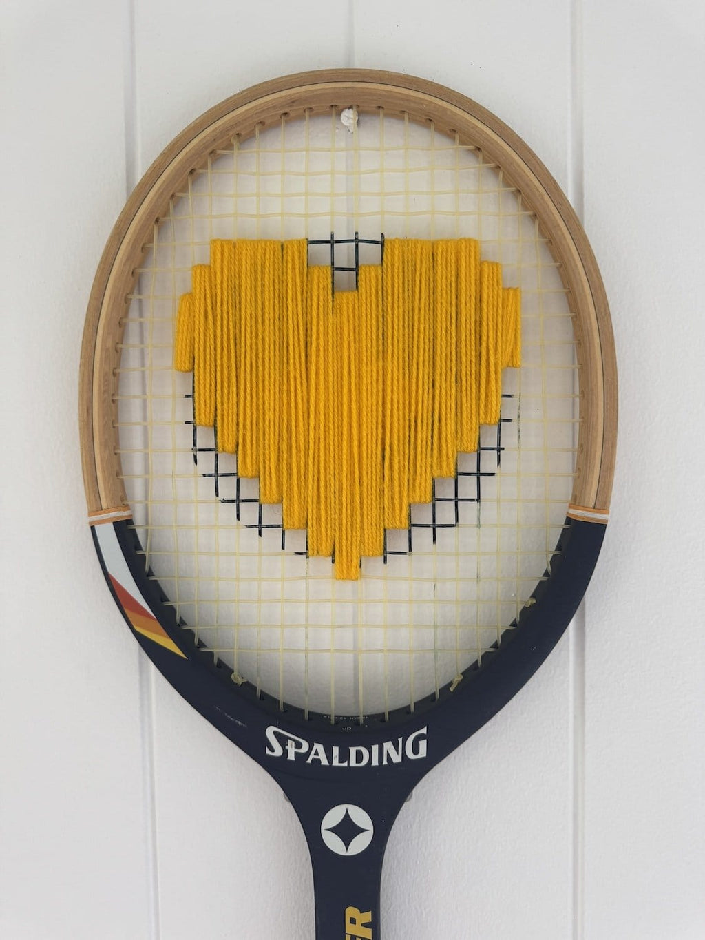 What A Racquet! Vintage Tennis Racquet Wall Hanging With Woven Heart - Yellow-Wall Hangings-What A Racquet-Greenhouse Interiors Pty Ltd