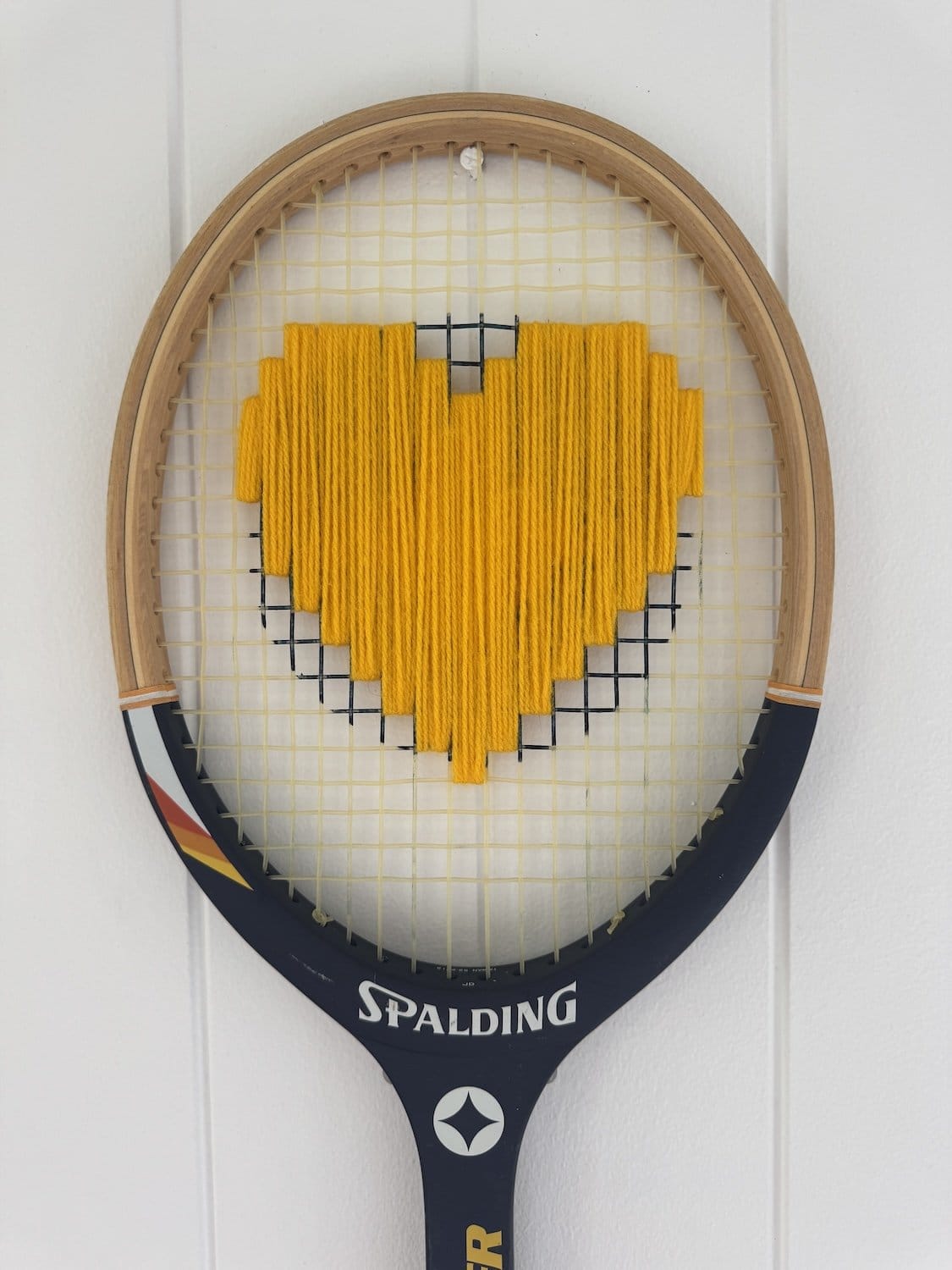 What A Racquet! Vintage Tennis Racquet Wall Hanging With Woven Heart - Yellow-Wall Hangings-What A Racquet-Greenhouse Interiors Pty Ltd