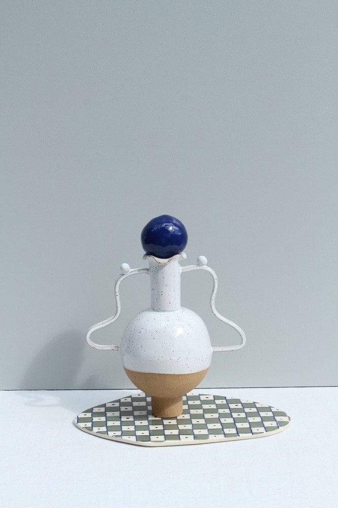 White Vessel With Wiggle Handles And A Stopper