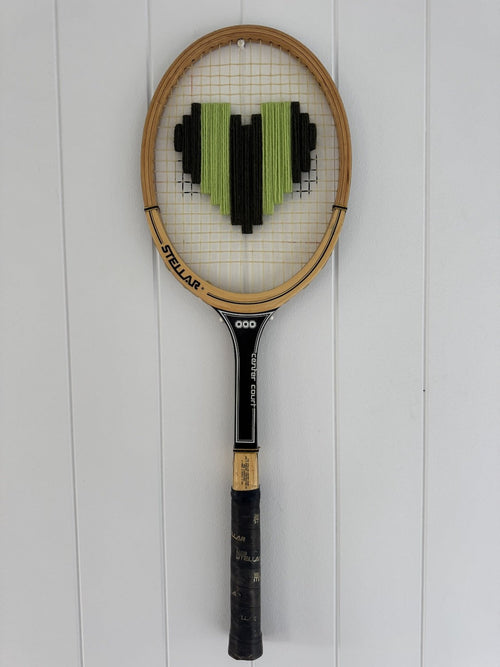 Vintage Tennis Racquet Wall Hanging With Woven Heart - Green Stripes-Wall Hangings-What A Racquet-Greenhouse Interiors Pty Ltd