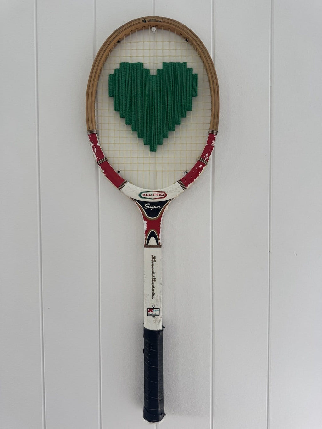 Vintage Tennis Racquet Wall Hanging With Woven Heart - Green-Wall Hangings-What A Racquet-Greenhouse Interiors Pty Ltd