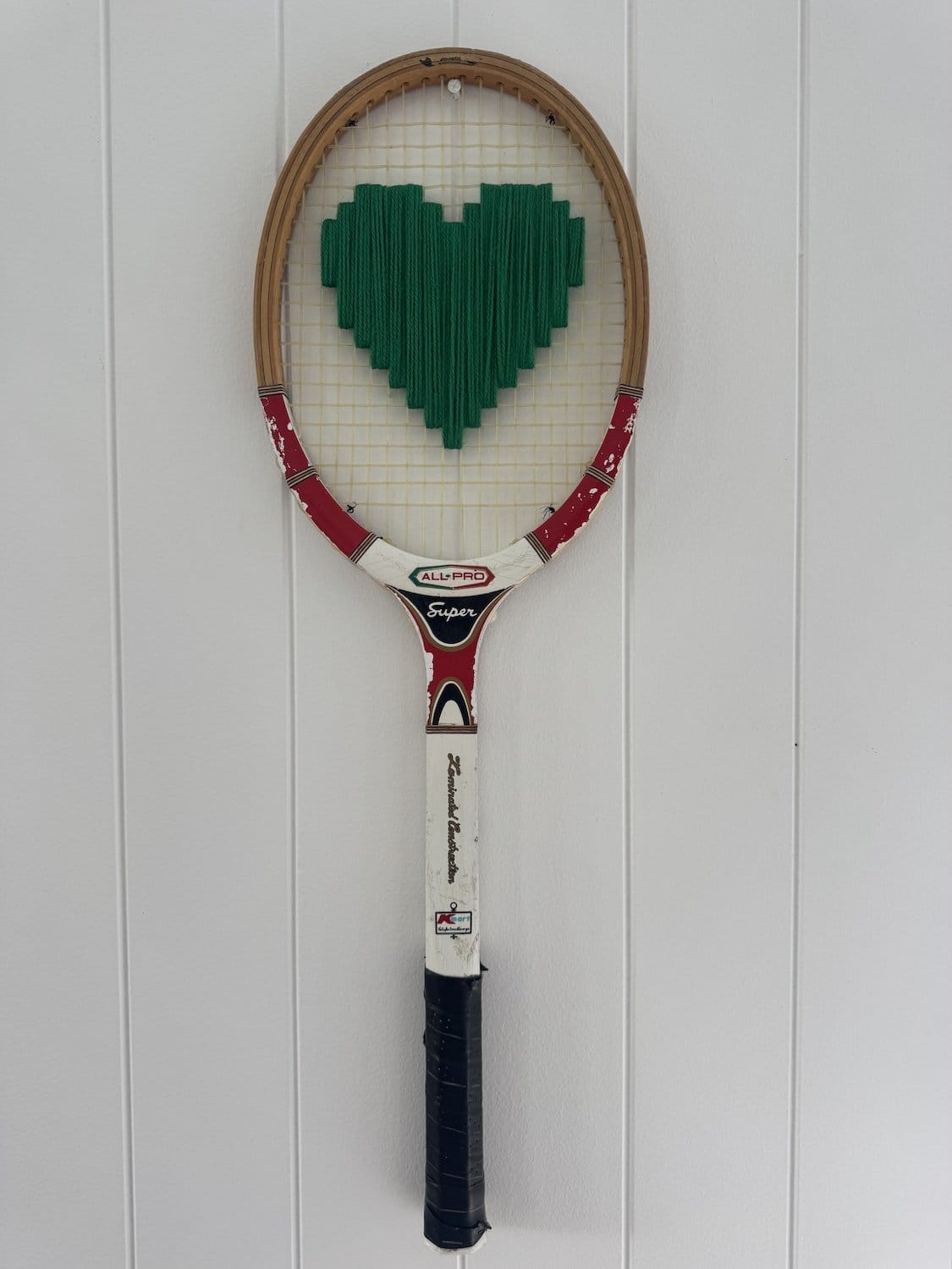 Vintage Tennis Racquet Wall Hanging With Woven Heart - Green-Wall Hangings-What A Racquet-Greenhouse Interiors Pty Ltd