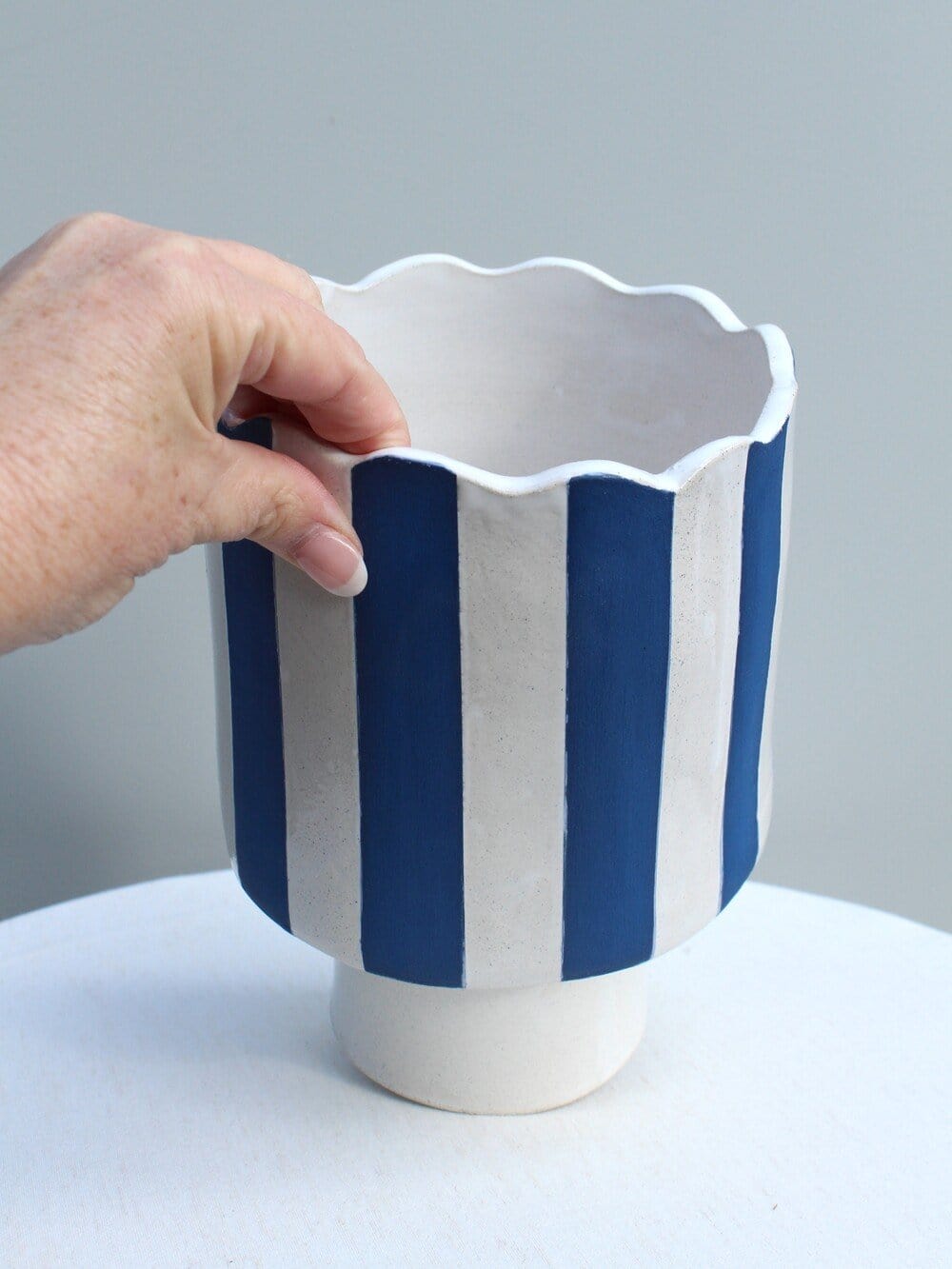 Cobalt Blue And White Striped Vessel Or Planter