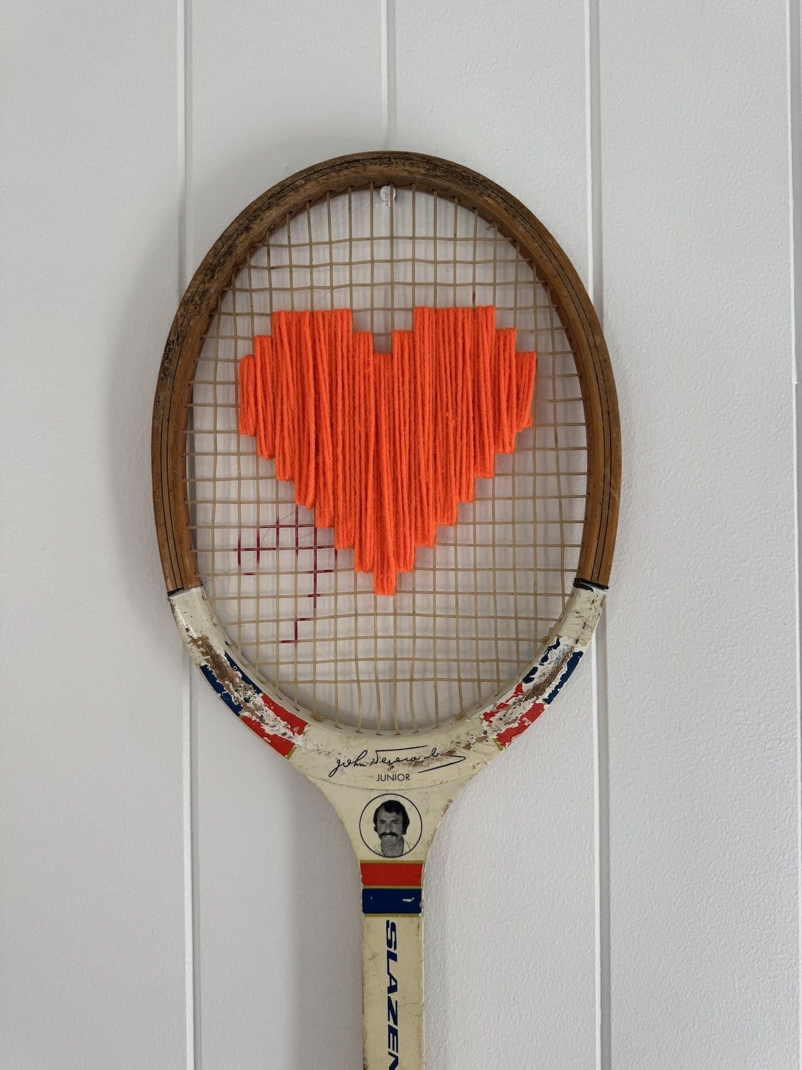Vintage Tennis Racquet With Woven Heart - Bright Orange