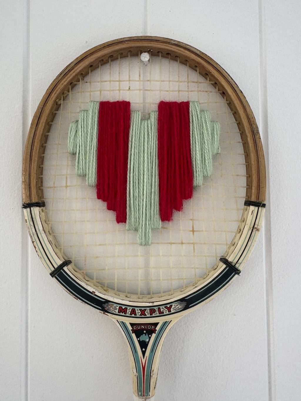 Vintage Squash Racquet Wall Hanging With Woven Heart - Minty Stripe