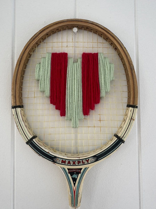 Vintage Squash Racquet Wall Hanging With Woven Heart - Minty Stripe