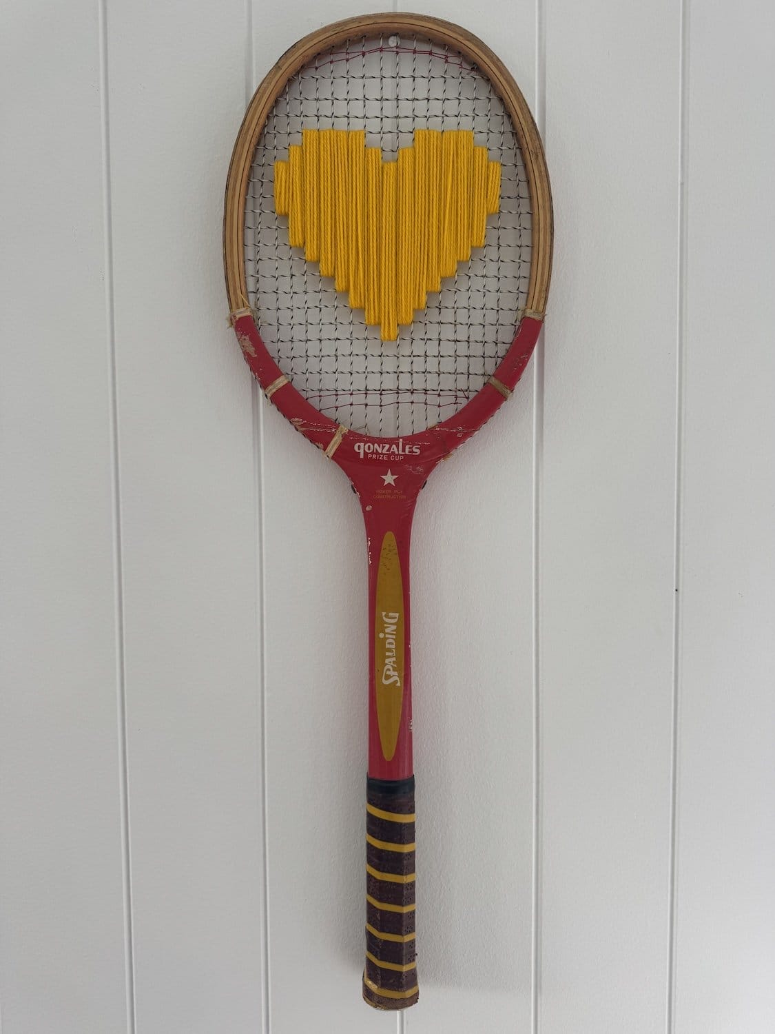 Vintage Tennis Racquet Wall Hanging With Woven Heart - Yellow-Wall Hangings-What A Racquet-Greenhouse Interiors Pty Ltd