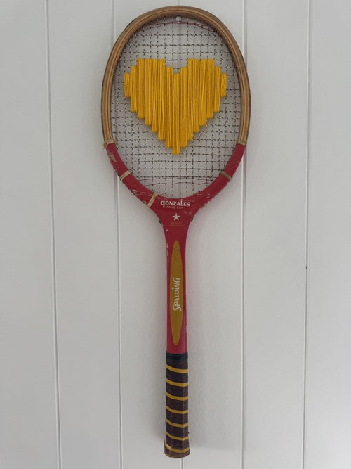 Vintage Tennis Racquet Wall Hanging With Woven Heart - Yellow-Wall Hangings-What A Racquet-Greenhouse Interiors Pty Ltd