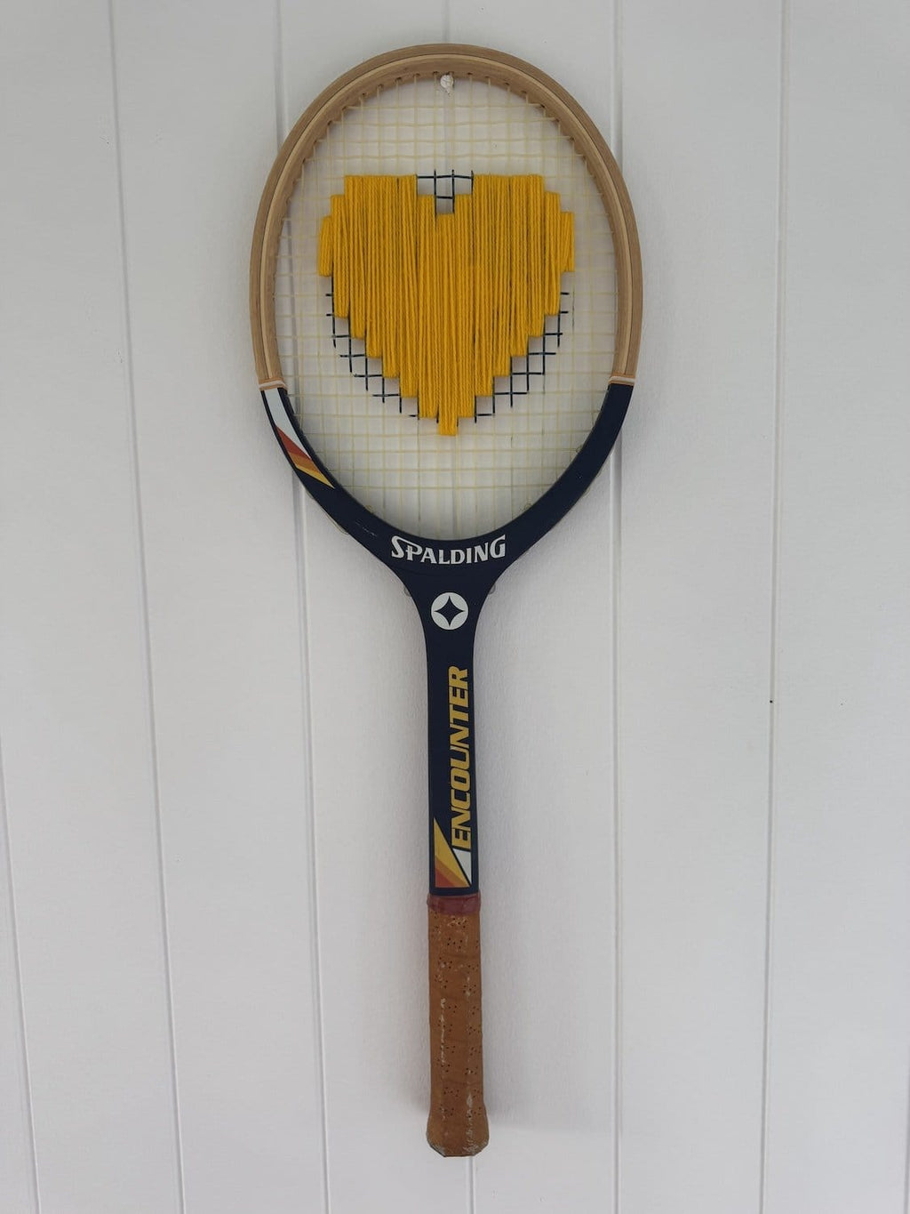 What A Racquet! Vintage Tennis Racquet Wall Hanging With Woven Heart - Yellow-Wall Hangings-What A Racquet-Greenhouse Interiors Pty Ltd