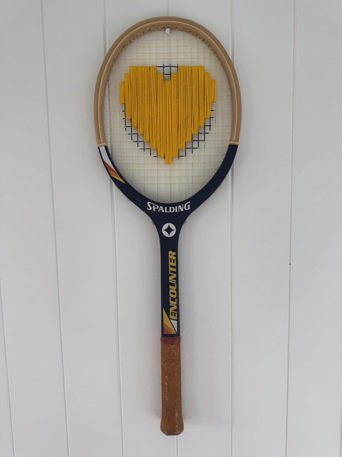 What A Racquet! Vintage Tennis Racquet Wall Hanging With Woven Heart - Yellow-Wall Hangings-What A Racquet-Greenhouse Interiors Pty Ltd