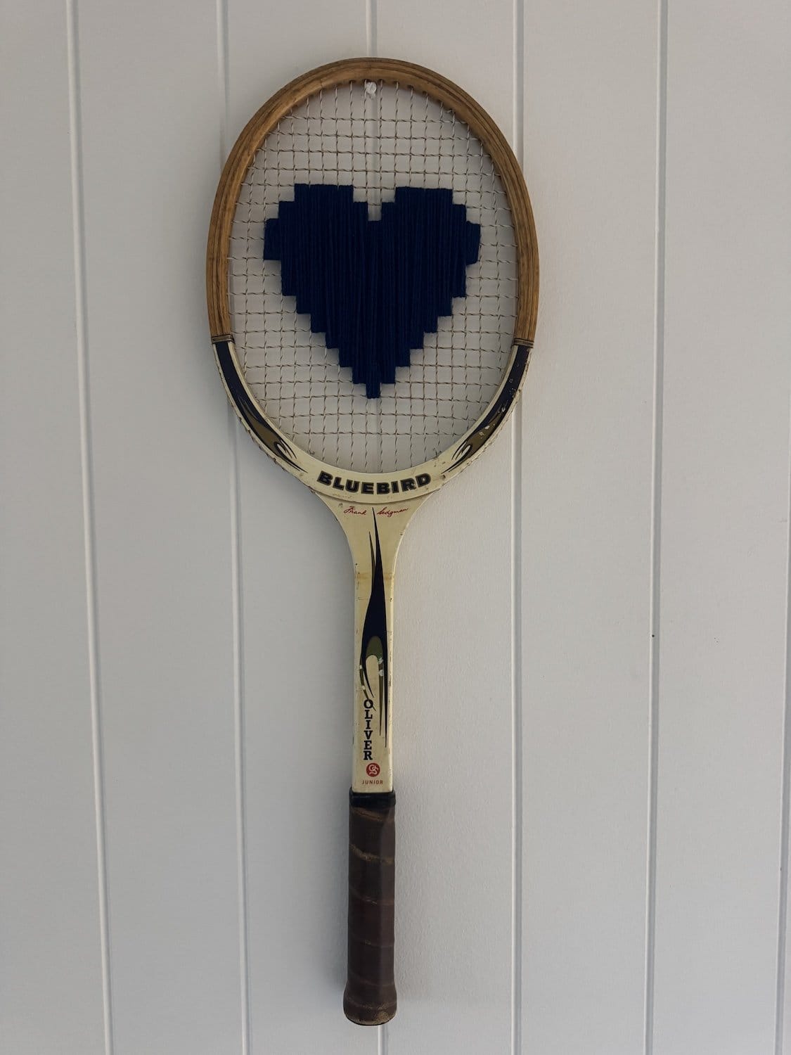 Vintage Tennis Racquet With Navy Blue Woven Heart-Wall Hangings-What A Racquet-Greenhouse Interiors Pty Ltd