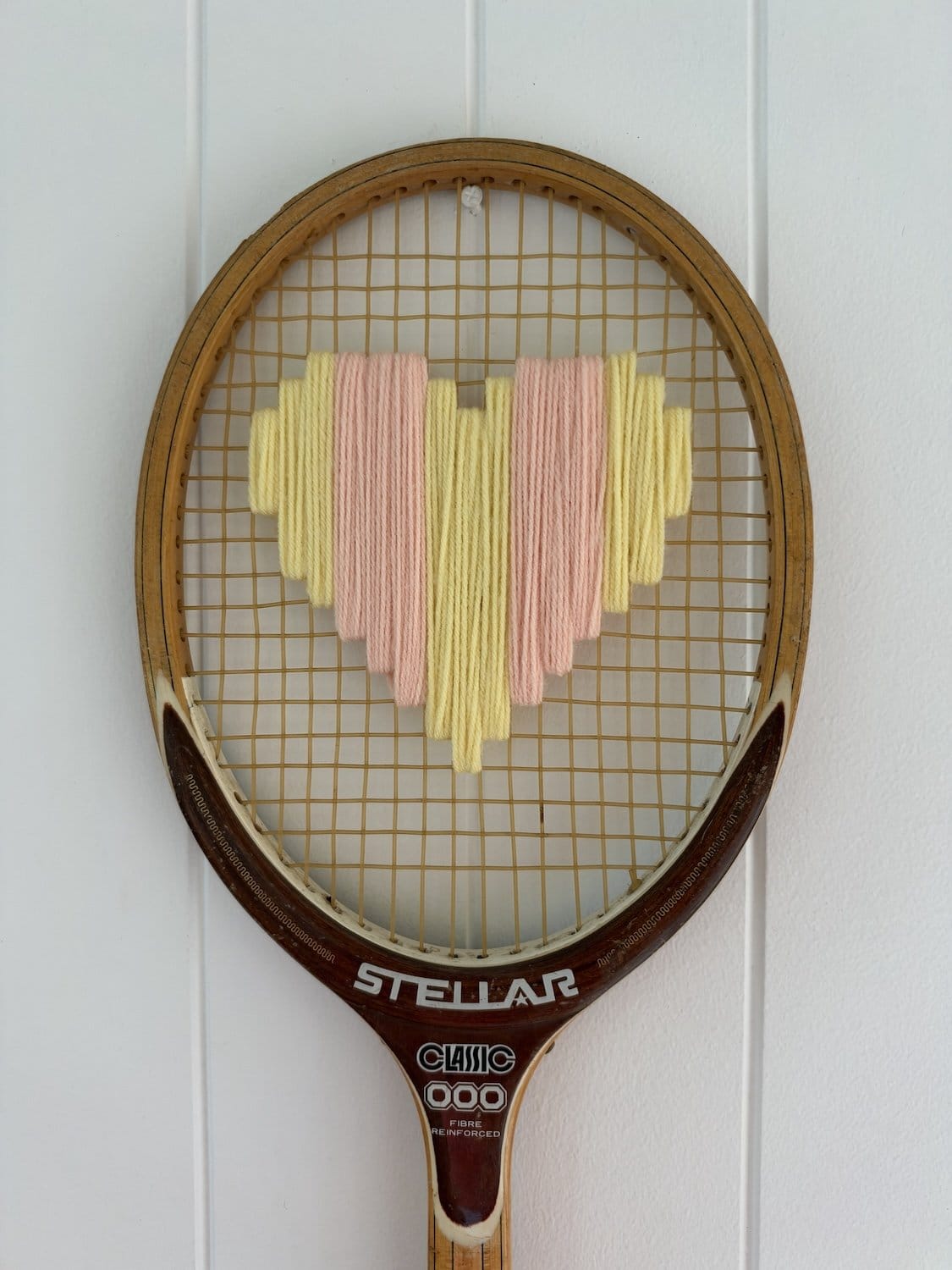 Vintage Tennis Racquet Wall Art - Pink & Yellow Stripe Heart