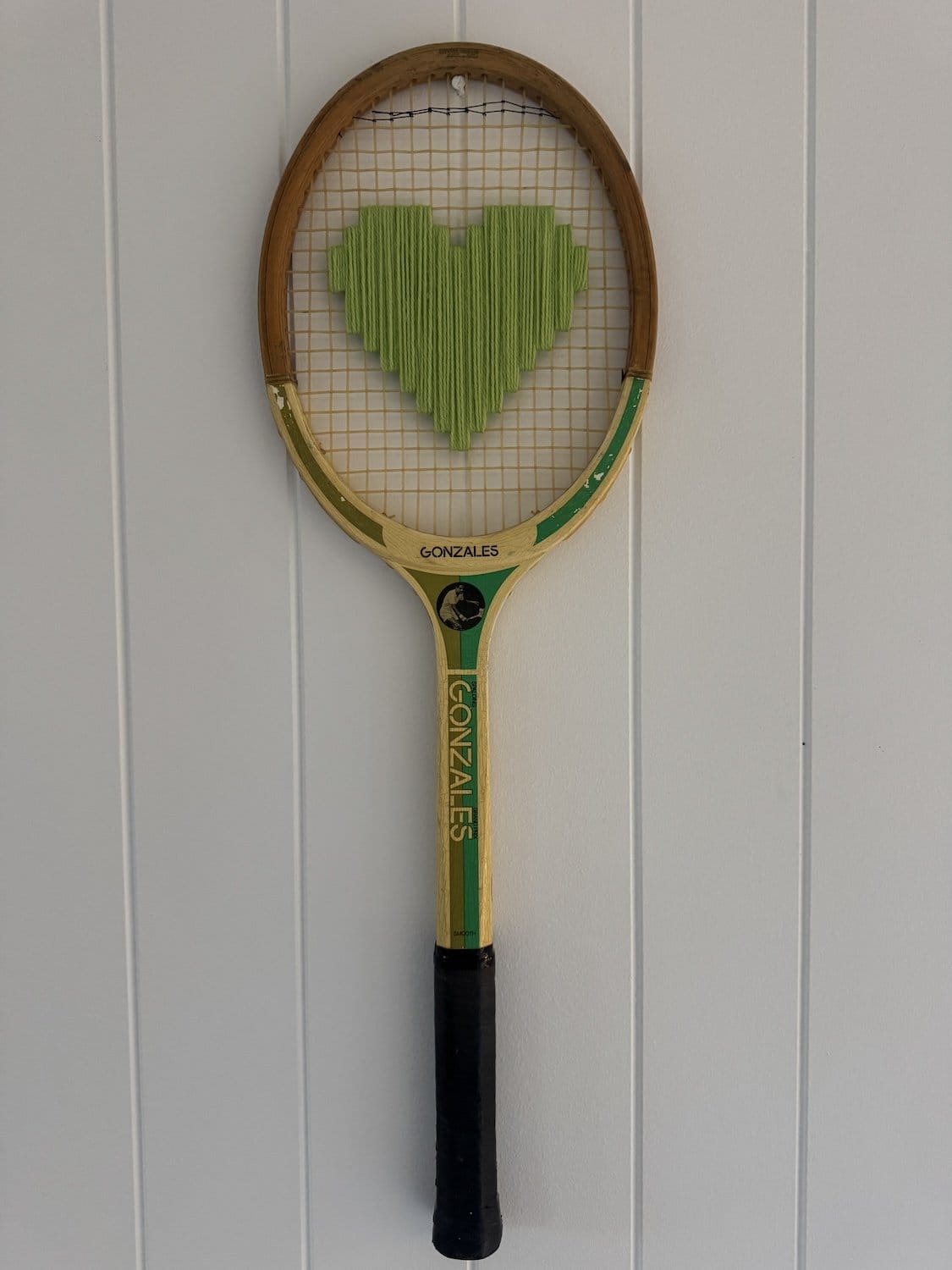 Vintage Tennis Racquet With Green Woven Heart-Wall Hangings-What A Racquet-Greenhouse Interiors Pty Ltd