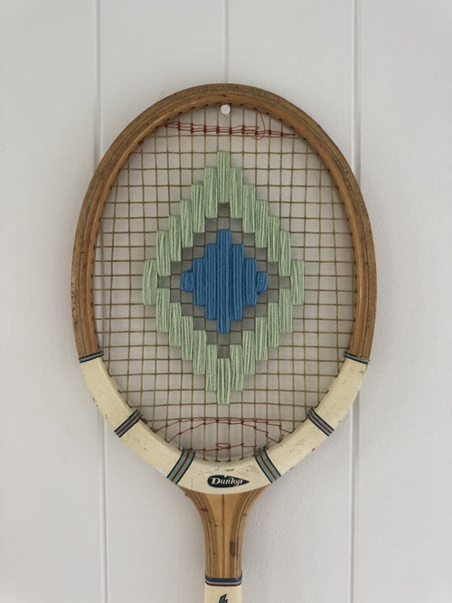 Vintage Tennis Racquet Wall Hanging - Blue & Green Pattern