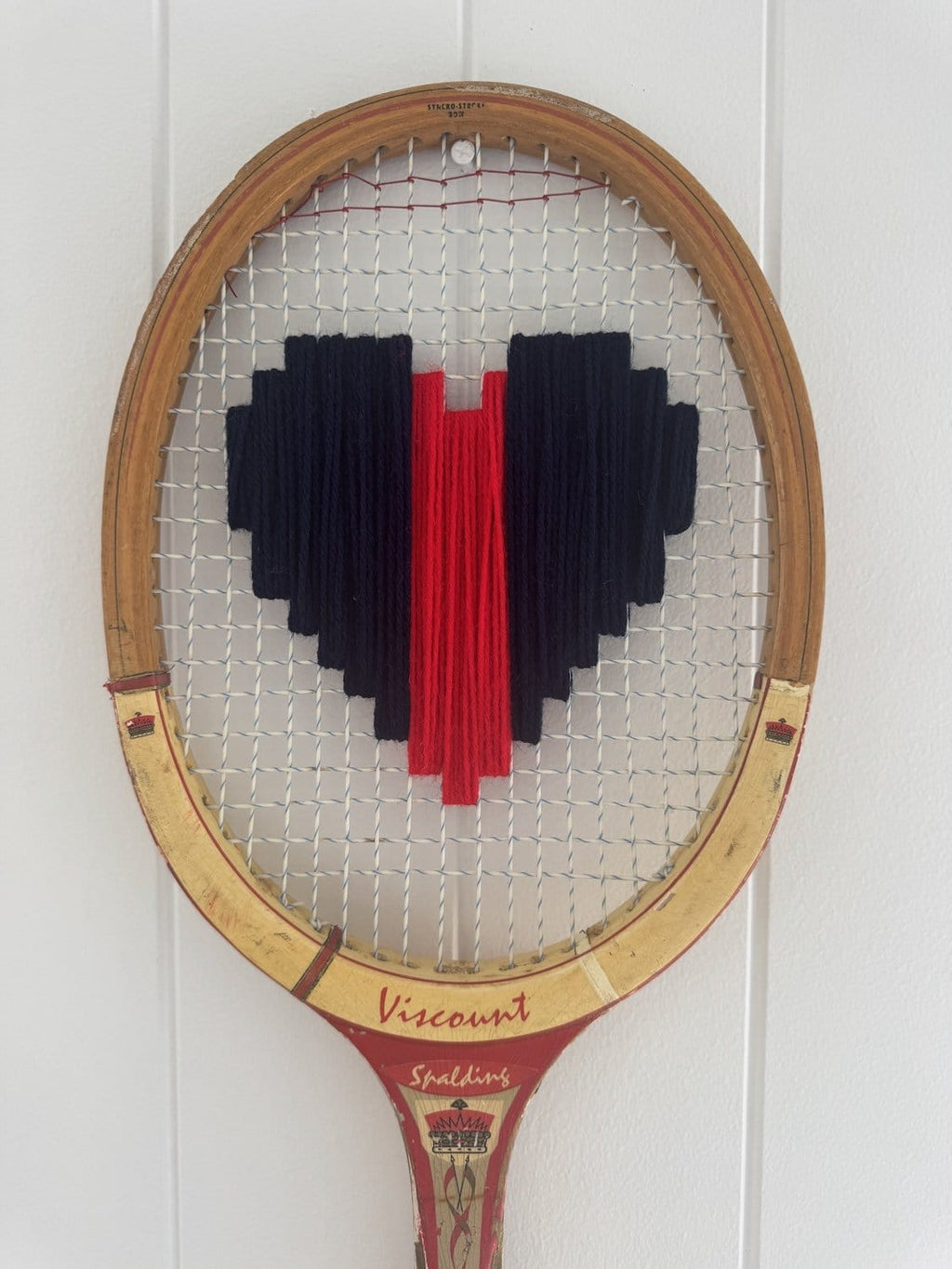 Vintage Tennis Racquet With Woven Heart - Navy & Red