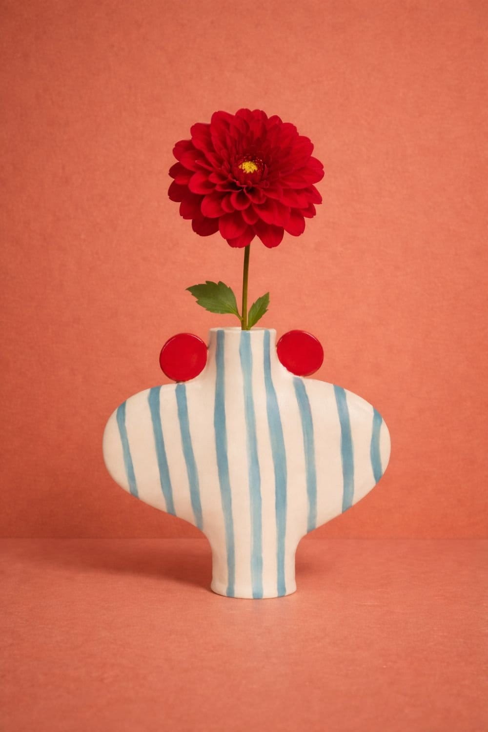 Blue Striped Vessel With Red Handles-Ceramics-Formantics-Greenhouse Interiors Pty Ltd