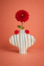 Blue Striped Vessel With Red Handles-Ceramics-Formantics-Greenhouse Interiors Pty Ltd