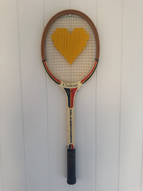 Vintage Tennis Racquet With Woven Heart - Yellow