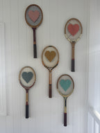 Vintage Tennis Racquet Wall Hanging With Woven Heart - Pink & Yellow Stripe-Wall Hangings-What A Racquet-Greenhouse Interiors Pty Ltd