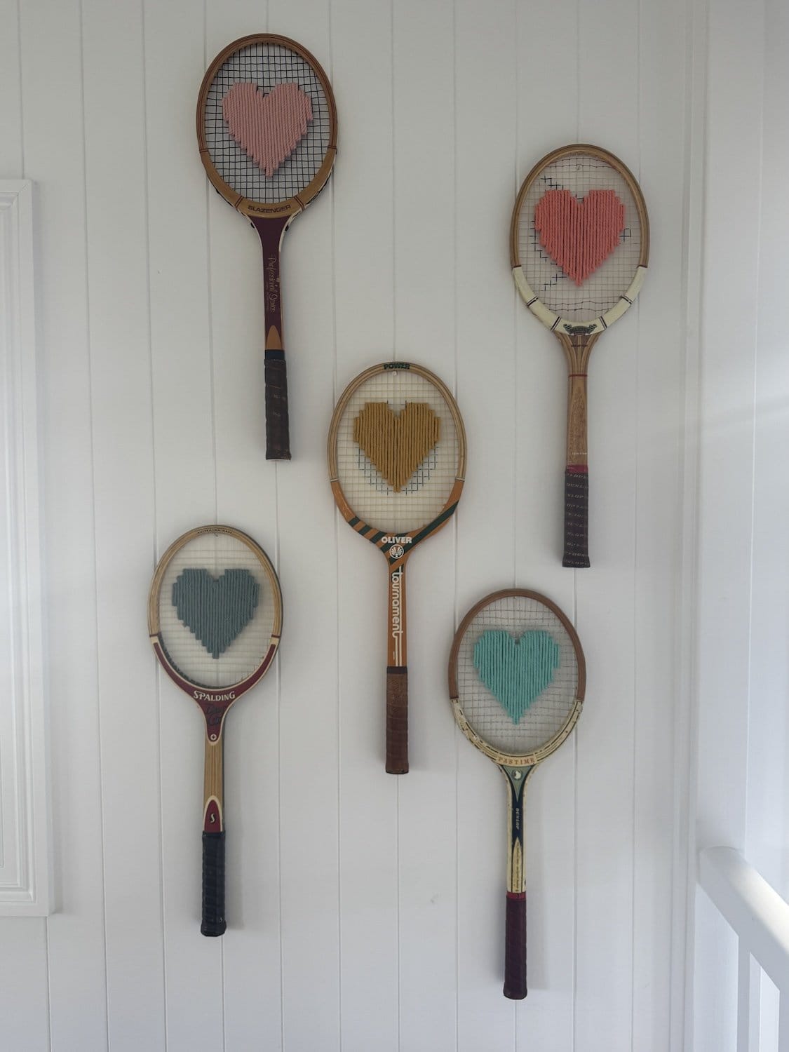 Vintage Tennis Racquet Wall Decor With Navy Blue Woven Heart-Wall Hangings-What A Racquet-Greenhouse Interiors Pty Ltd