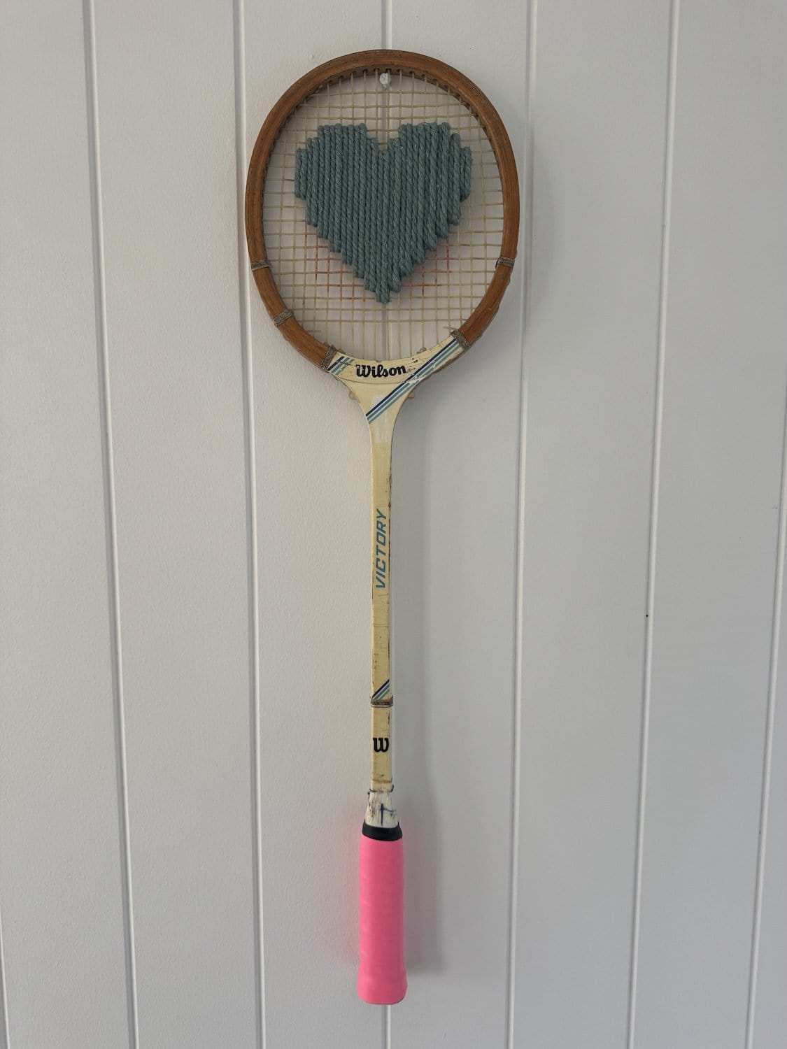 Vintage Squash Racquet With Woven Heart - Sage Green