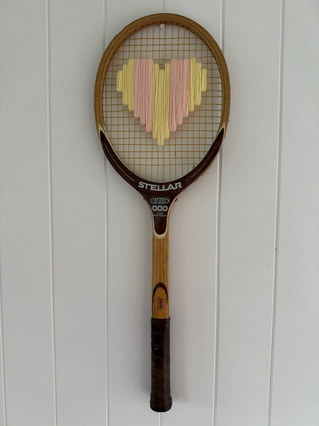 Vintage Tennis Racquet Wall Art - Pink & Yellow Stripe Heart