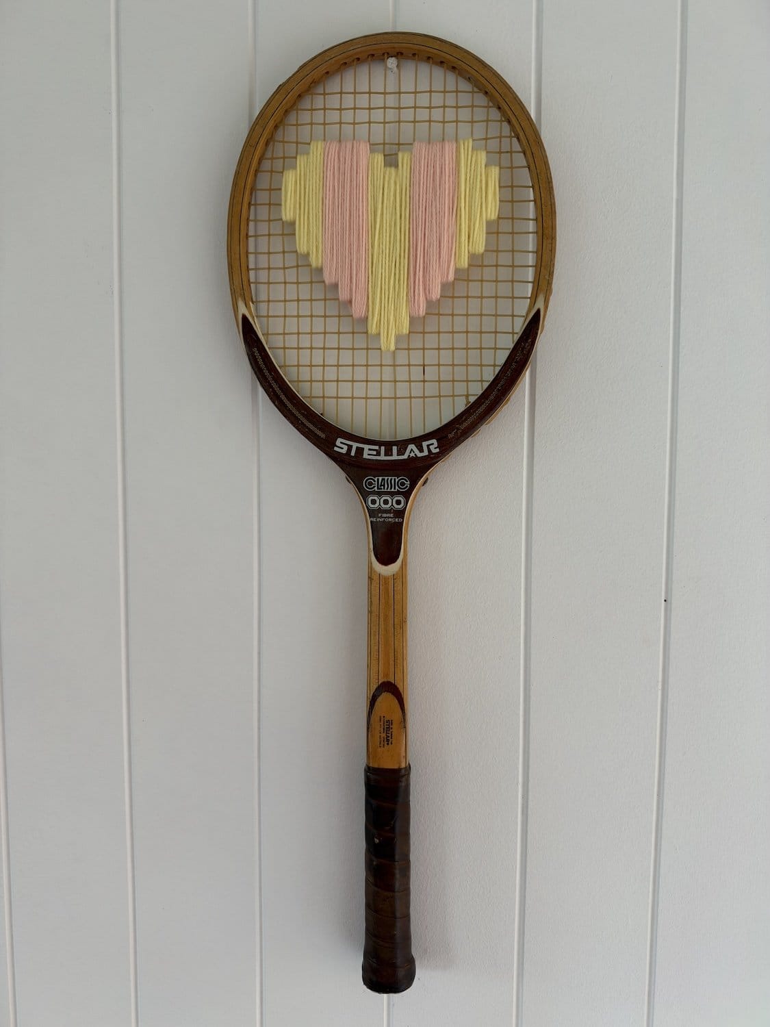Vintage Tennis Racquet Wall Art - Pink & Yellow Stripe Heart