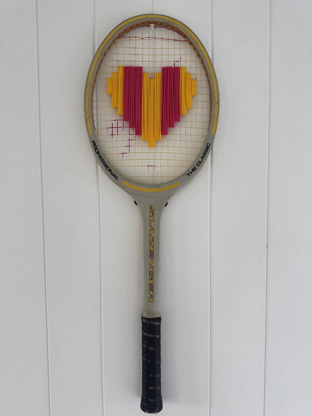 Vintage Tennis Racquet Wall Hanging With Woven Heart - Pink & Yellow Stripe-Wall Hangings-What A Racquet-Greenhouse Interiors Pty Ltd