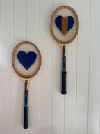 Vintage Tennis Racquet Wall Art - Blue & Mustard Heart