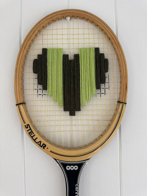 Vintage Tennis Racquet Wall Hanging With Woven Heart - Green Stripes-Wall Hangings-What A Racquet-Greenhouse Interiors Pty Ltd