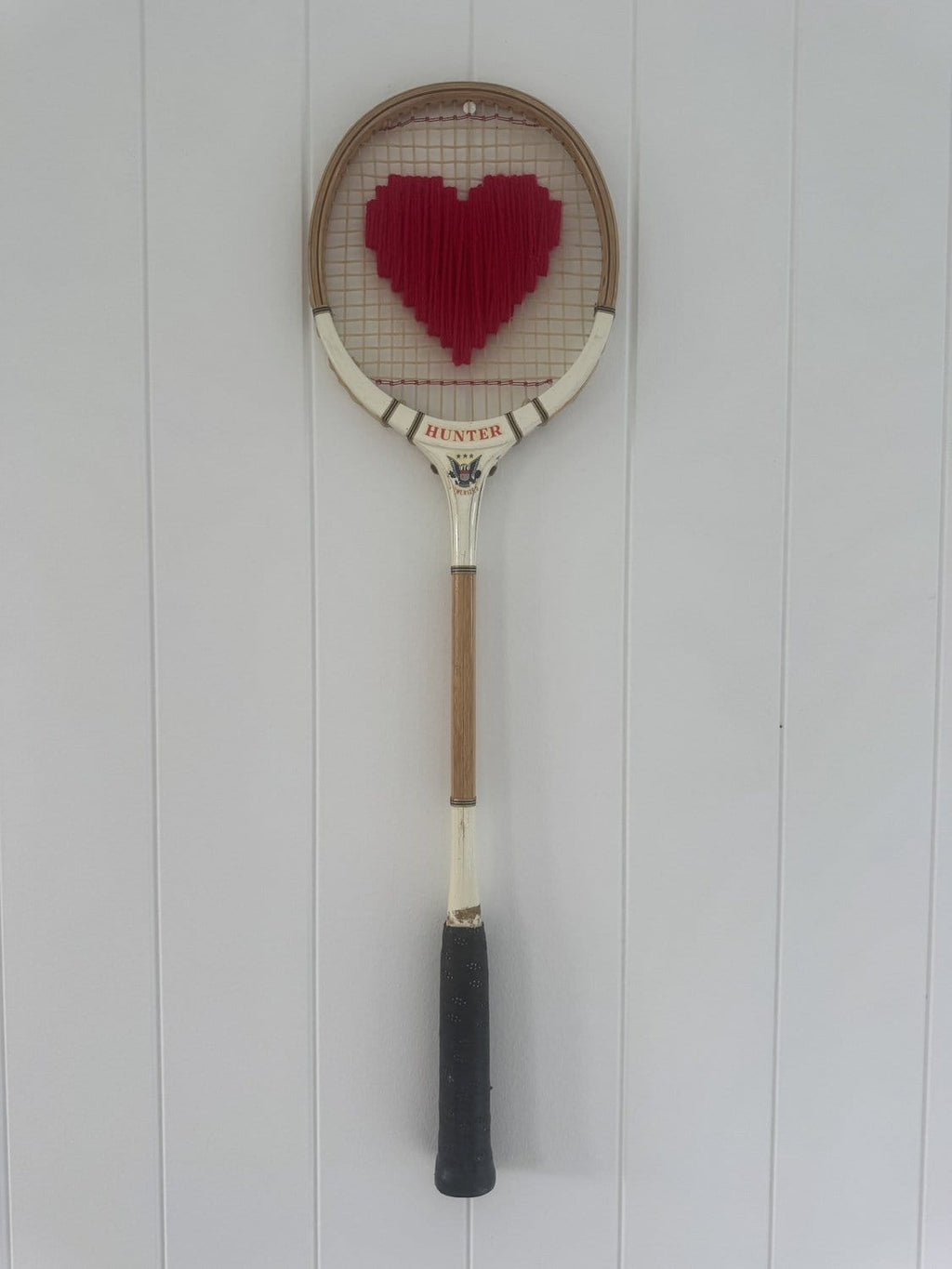 Vintage Squash Racquet Wall Hanging With Woven Heart - Rosy Red