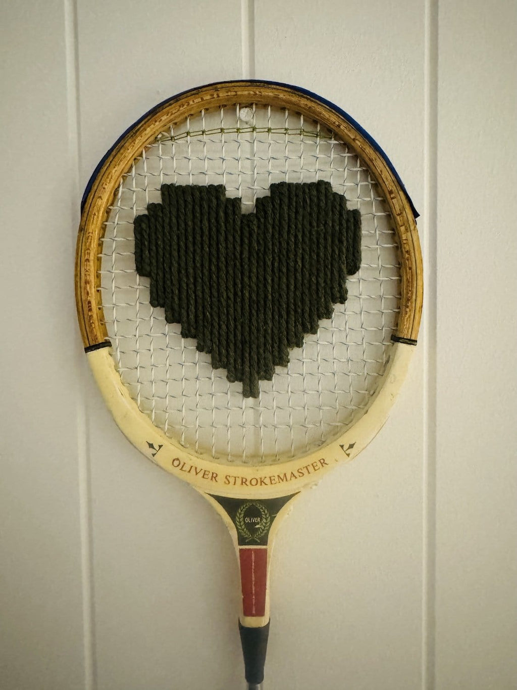 What A Racquet! Vintage Squash Racquet Wall Hanging With Woven Heart - Olive Green