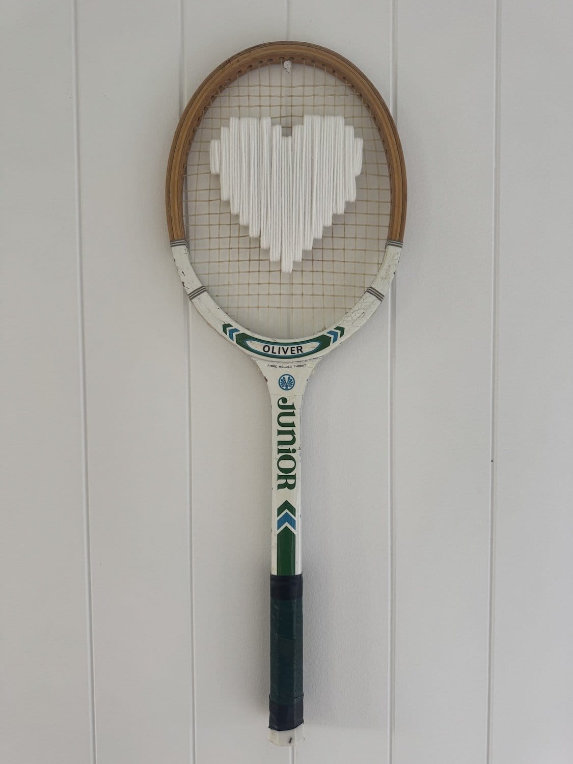 Vintage Tennis Racquet Wall Hanging With Woven Heart - White-Wall Hangings-What A Racquet-Greenhouse Interiors Pty Ltd