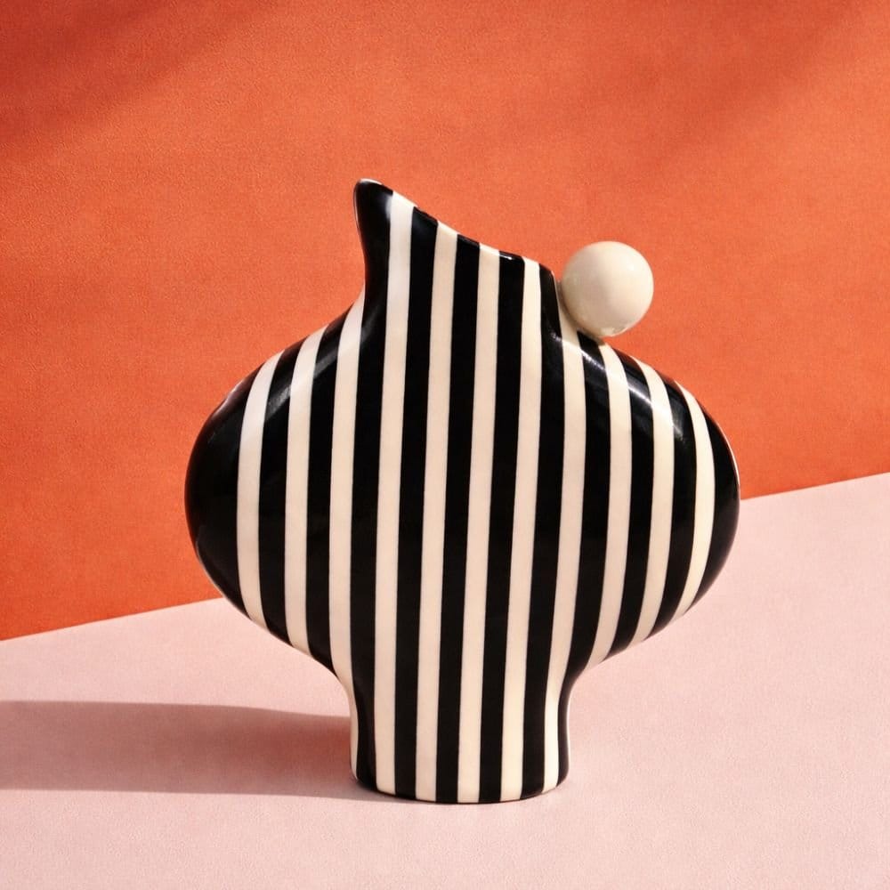 Black Striped Vessel With A Ball Handle-Ceramics-Formantics-Greenhouse Interiors Pty Ltd