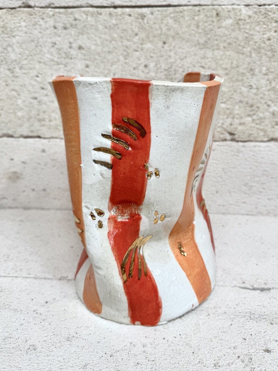 Mid Crush Vase - 'Gold Vermillion Peach Stripe'