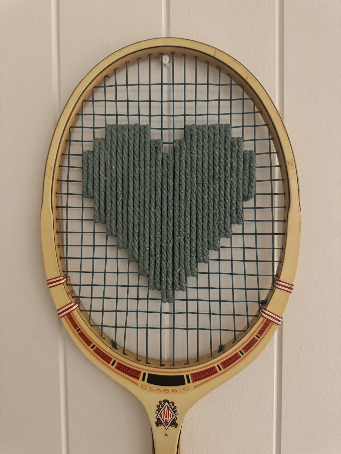 Vintage Tennis Racquet With Woven Heart - Sage Green