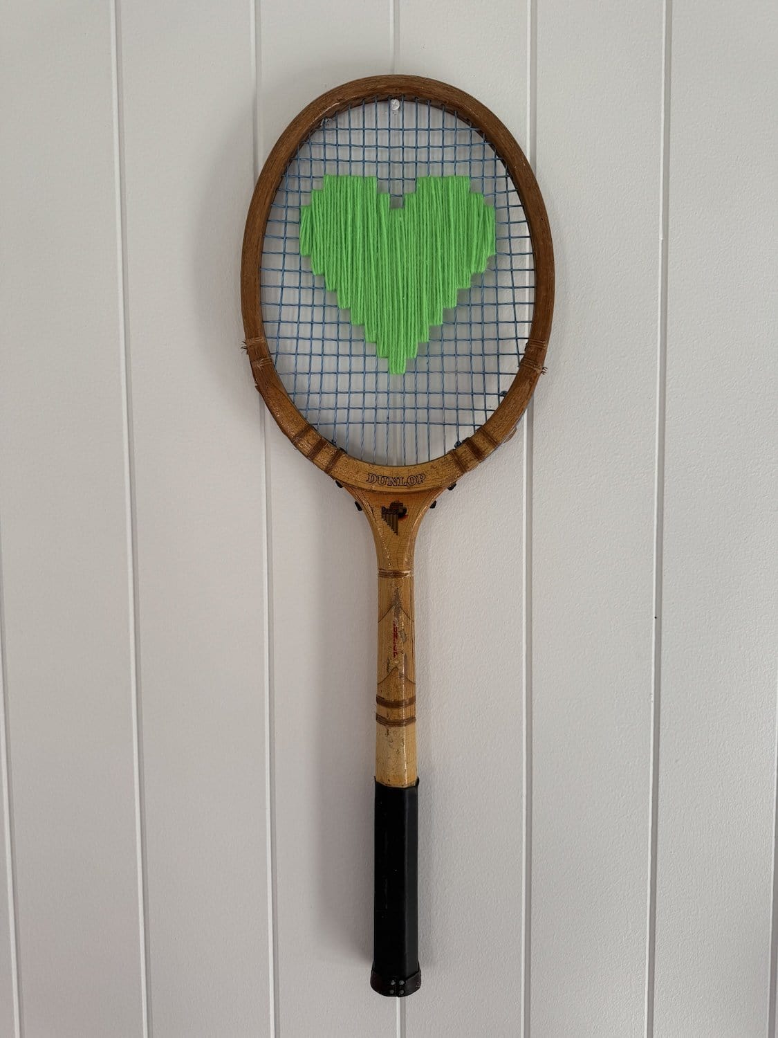 Vintage Tennis Racquet With Woven Heart - Bright Green