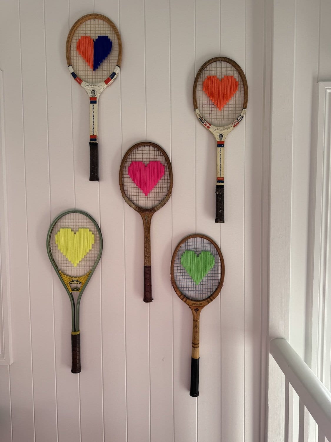 Vintage Tennis Racquet With Woven Heart - Bright Orange &amp; Blue
