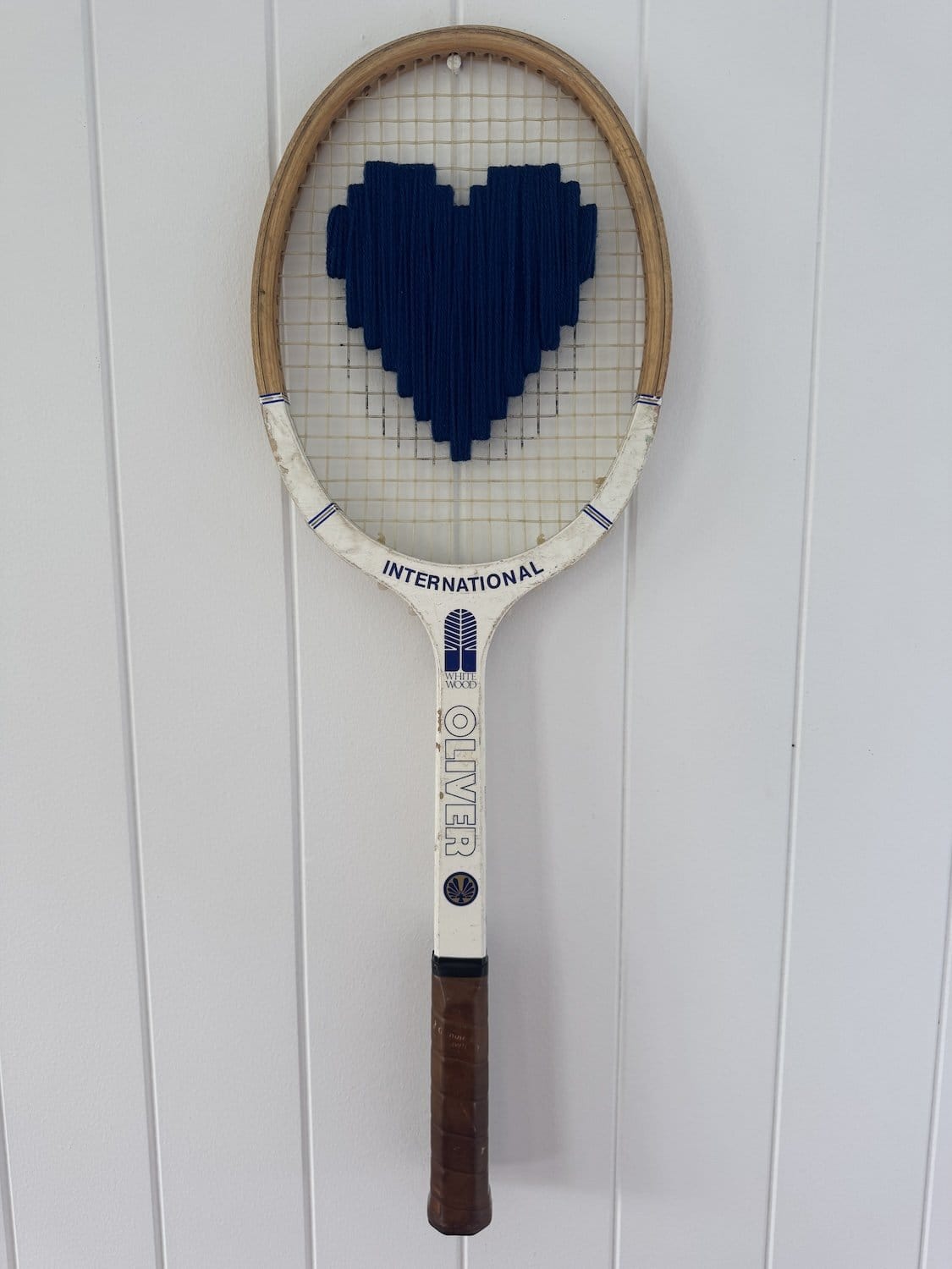 Vintage Tennis Racquet Wall Decor With Navy Blue Woven Heart-Wall Hangings-What A Racquet-Greenhouse Interiors Pty Ltd