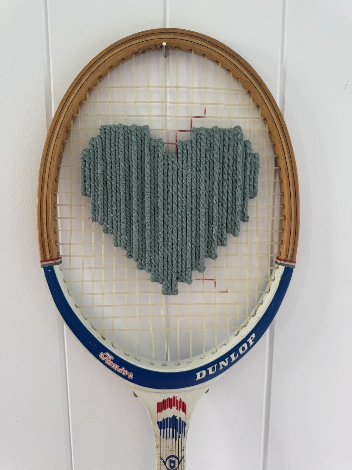 Vintage Tennis Racquet Wall Hanging With Woven Heart - Teal-Wall Hangings-What A Racquet-Greenhouse Interiors Pty Ltd