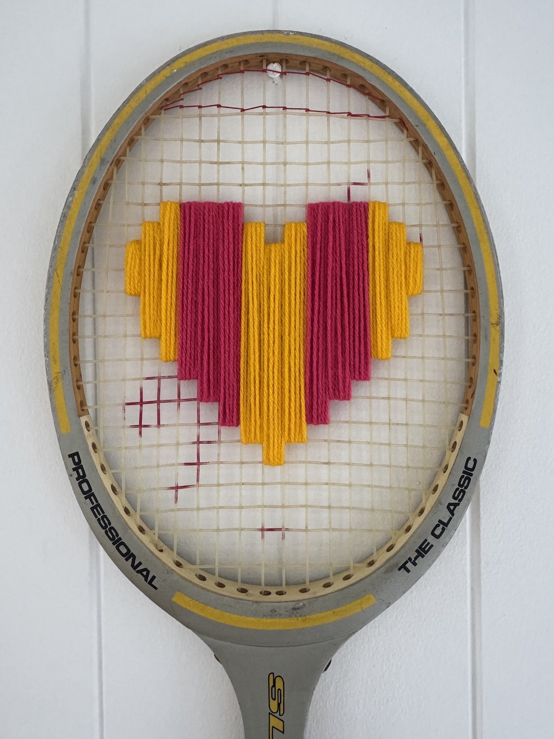 Vintage Tennis Racquet Wall Hanging With Woven Heart - Pink & Yellow Stripe-Wall Hangings-What A Racquet-Greenhouse Interiors Pty Ltd