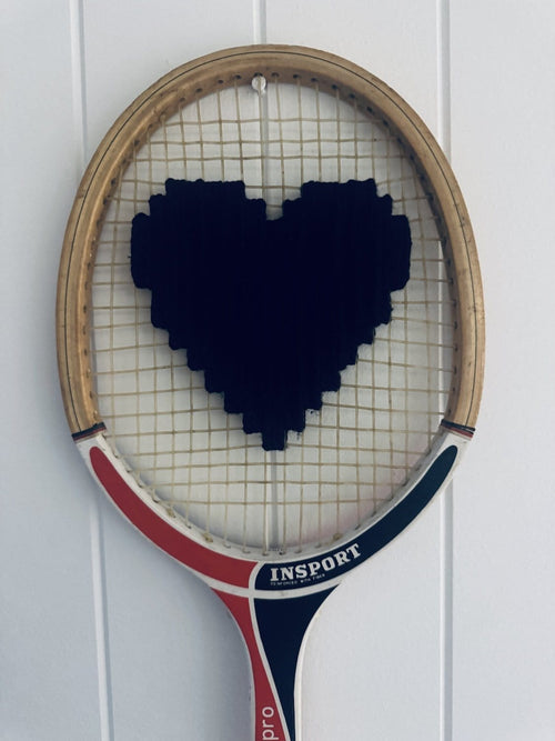 What A Racquet! Vintage Tennis Racquet Wall Hanging With Woven Heart - Black