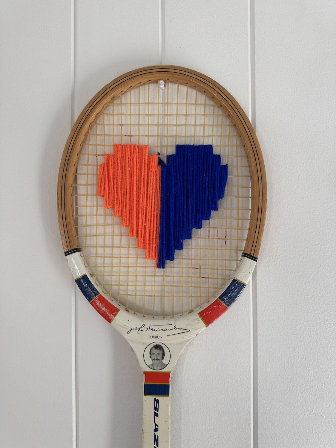Vintage Tennis Racquet With Woven Heart - Bright Orange &amp; Blue