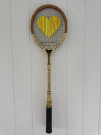 What A Racquet! Vintage Squash Racquet Wall Hanging With Woven Heart - Yellow Multi-Wall Hangings-What A Racquet-Greenhouse Interiors Pty Ltd