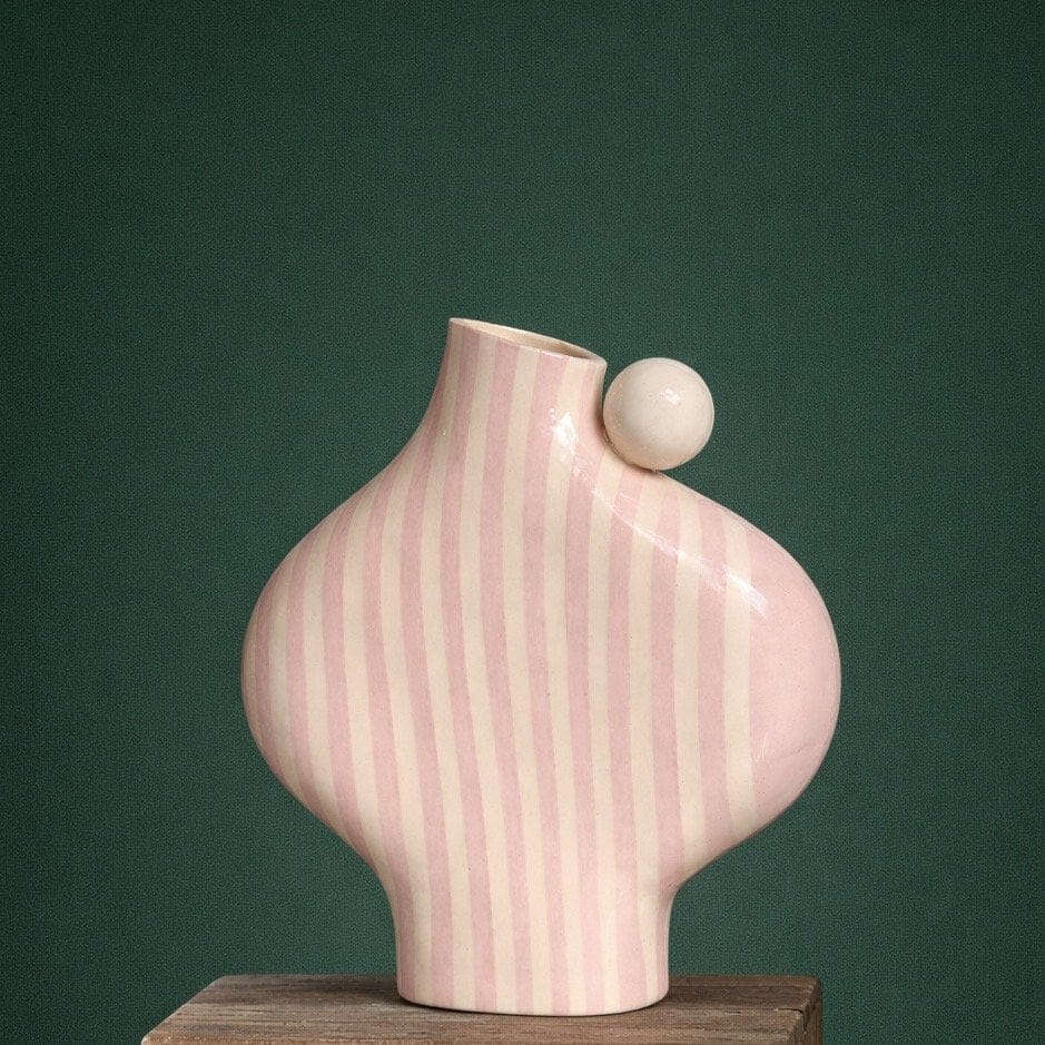 Pink Striped Vessel With A Ball Handle-Ceramics-Formantics-Greenhouse Interiors Pty Ltd