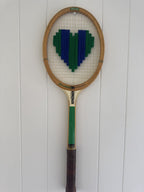 Vintage Tennis Racquet Wall Hanging With Woven Heart - Blue & Green Stripes