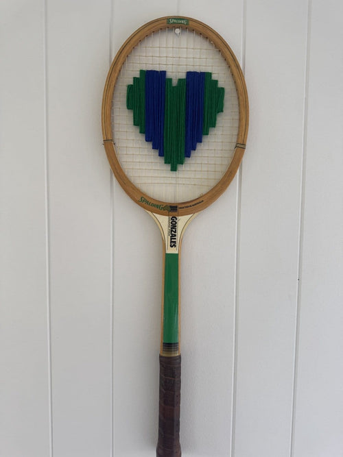 Vintage Tennis Racquet Wall Hanging With Woven Heart - Blue & Green Stripes