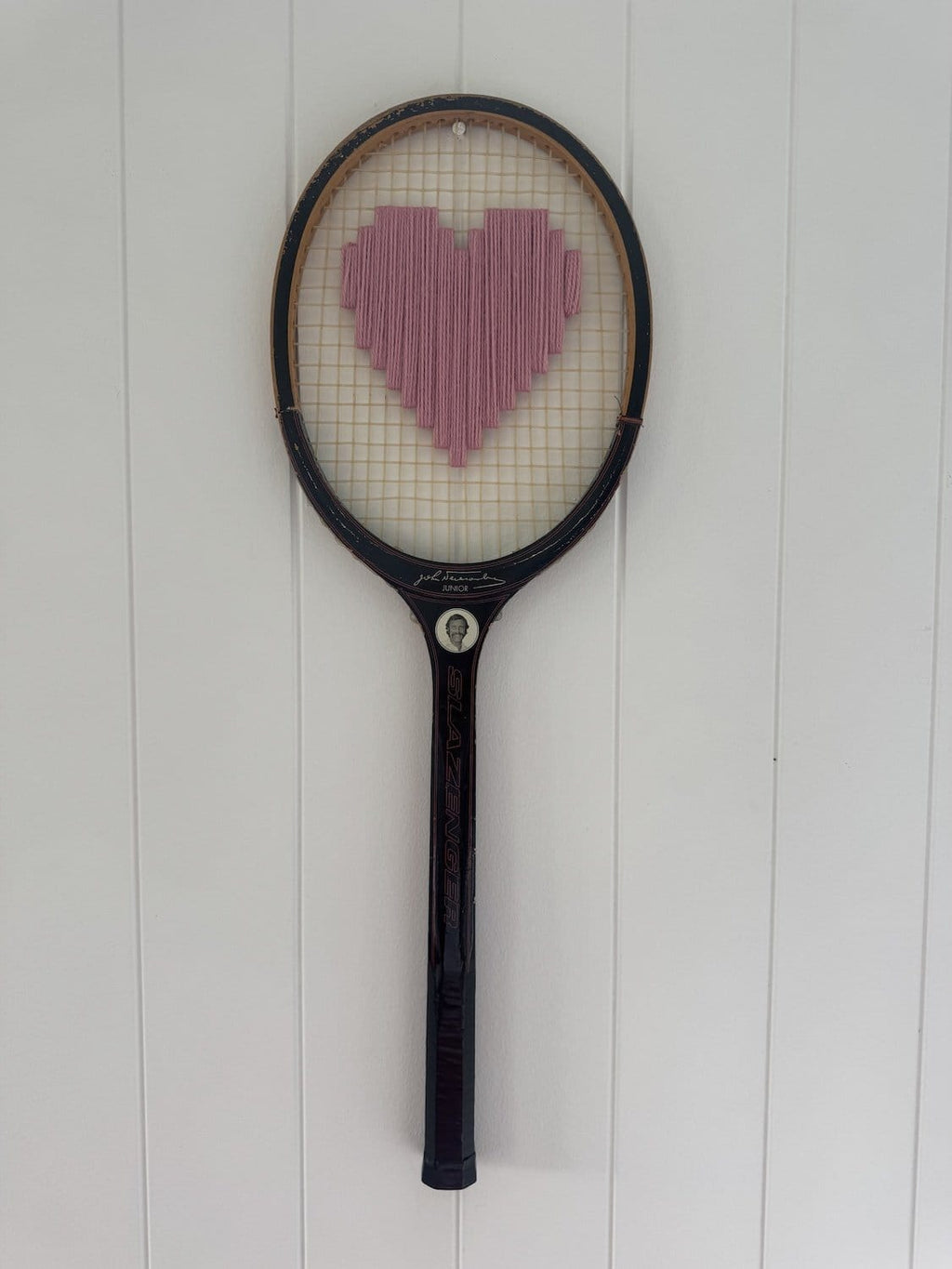 Vintage Tennis Racquet Wall Hanging With Woven Heart - Pink-Wall Hangings-What A Racquet-Greenhouse Interiors Pty Ltd