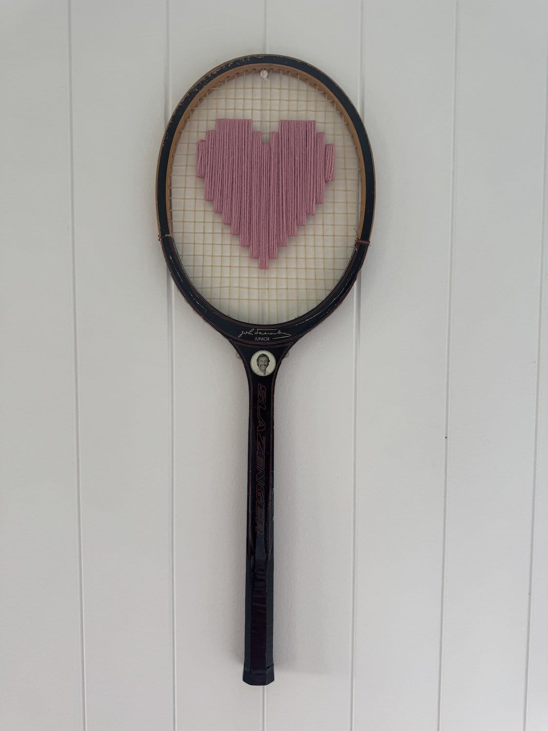 Vintage Tennis Racquet Wall Hanging With Woven Heart - Pink-Wall Hangings-What A Racquet-Greenhouse Interiors Pty Ltd