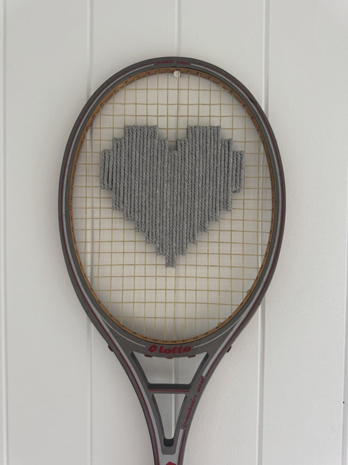 Vintage Tennis Racquet With Woven Heart - Silver Grey